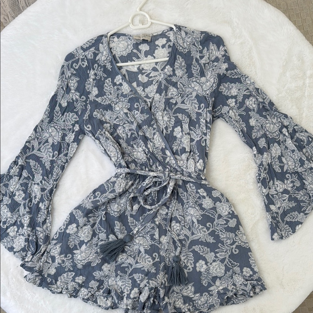 Vici Floral Wrap Romper with Bell Sleeves